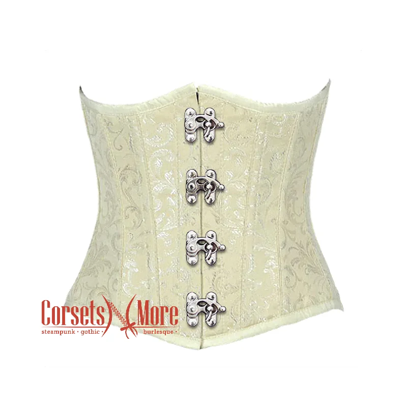 Corset top in light coral-Ivory Brocade Silver Clasps Gothic Burlesque Waist Training Underbust Corset Bustier Top