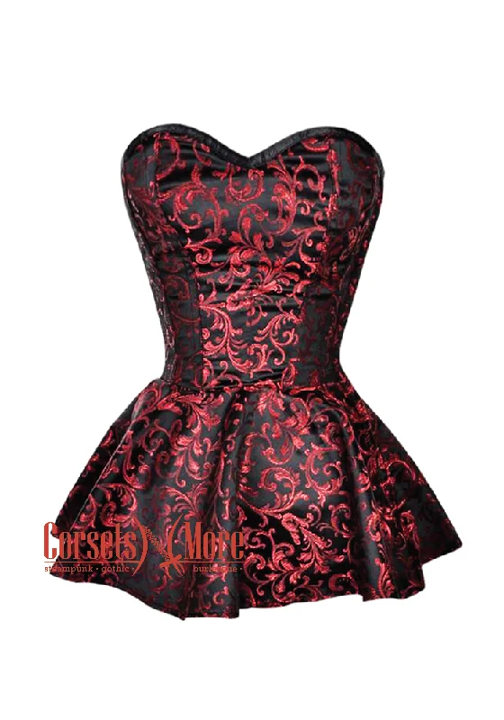 Corset top with gathered straps-Red and Black Brocade Gothic Burlesque Overbust Corset Dress