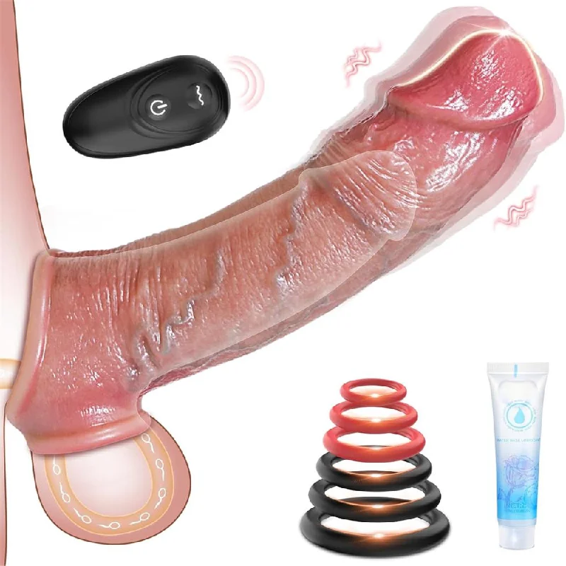 cock ring hot cold-Penis Extender Vibrating Cock Sleeve with 10 Vibrations & Remote Control