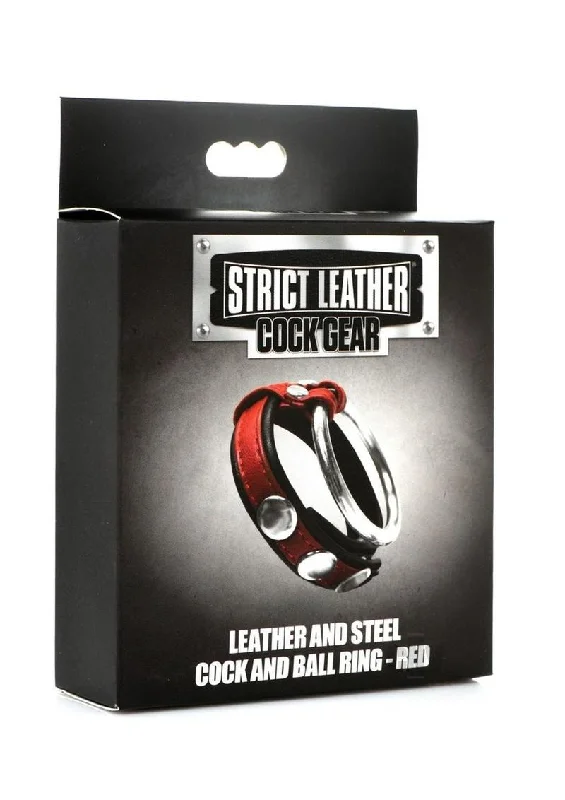 cock ring device-Srict Cock Gear Leather/steel Ring Red