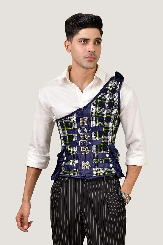 Corset dress with sheer train-Navy Blue Tartan Mens Corset with Shoulder Strap