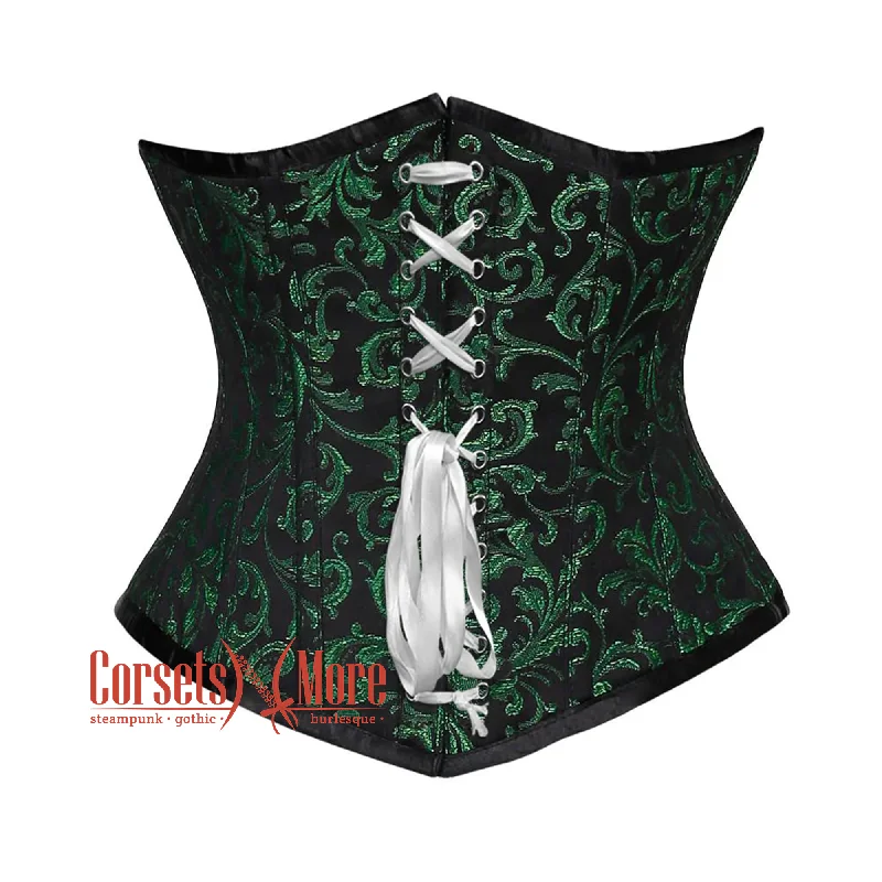 Corset dress with flared hem-Green And Black Brocade With Front White Lace Underbust Corset Gothic Costume Bustier Top