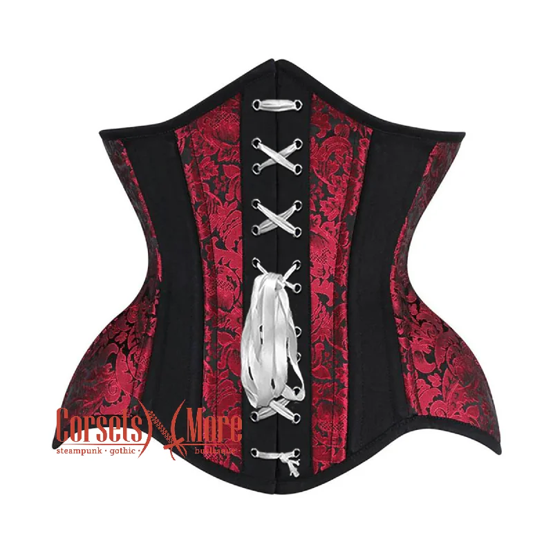 Corset dress with bow skirt-Red and Black Brocade Black Cotton With White Ribbon Gothic Underbust Corset