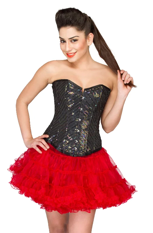 Corset for dramatic flair-Black Cotton Silk Sequins Overbust Corset Top