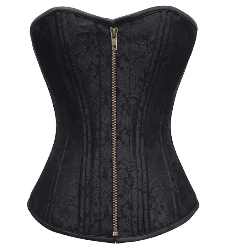 Corset top with sheer ruffles-Black Brocade Spiral Steel Boned Corset Waist Training Overbust Top