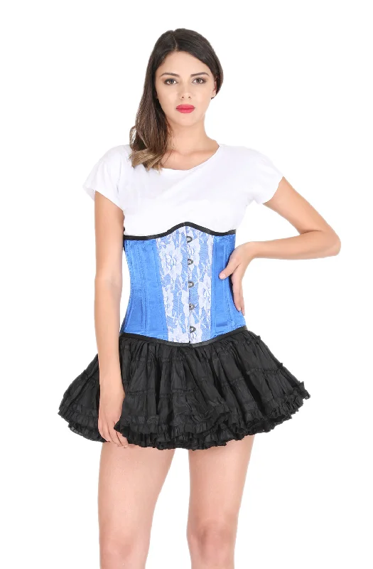 Corset top with bow tie-Blue Satin Spiral Steel Boned Underbust Plus Size Corset White Lace Gothic Burlesque Costume Waist Training Bustier Top