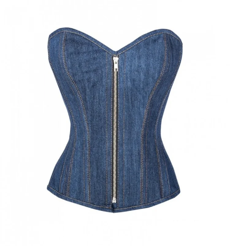 Corset top with bow front-Blue Denim Zipper Gothic Steampunk Costume Overbust Corset Top for Women