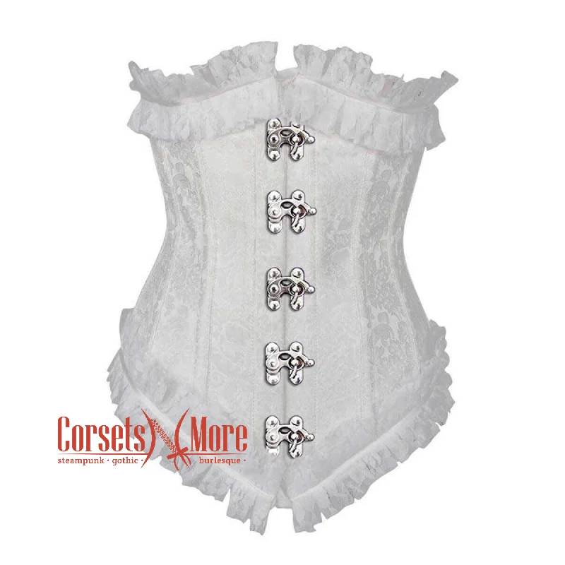 Corset with lace inserts-White Brocade Front Clasps Net Frill Design Gothic Waist Training Underbust Corset Bustier Top