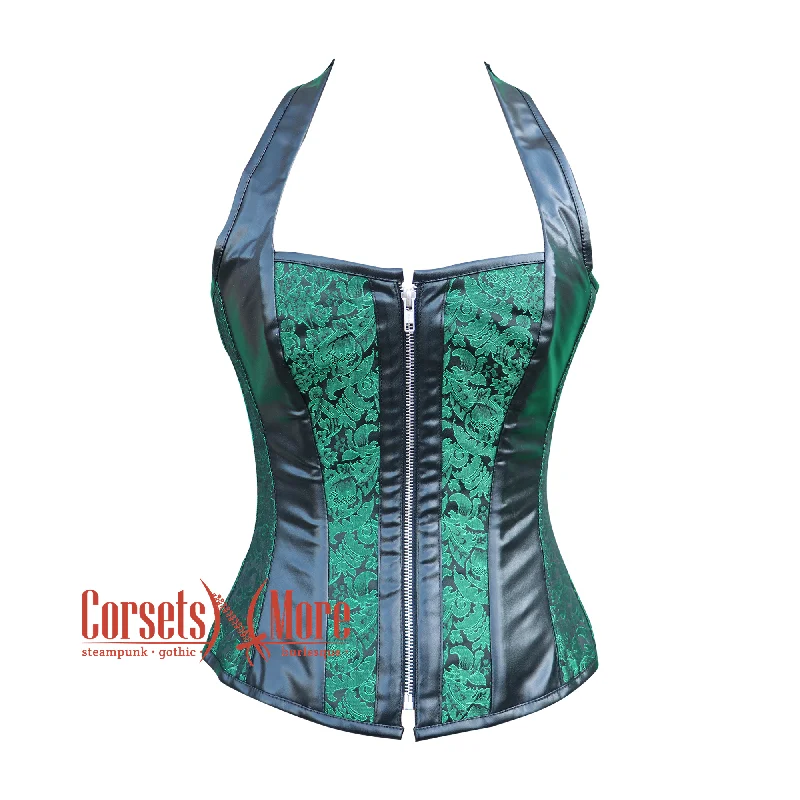 Corset for timeless fit-Green And Black Brocade Leather Shoulder Strap Halloween Overbust Corset