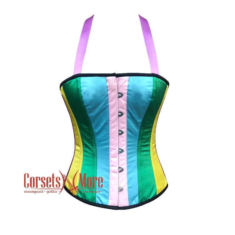 Corset top with floral hem-Multi-Color Satin Stripes Overbust Aro Ace Corset Pride Costume Mardi Gras Top