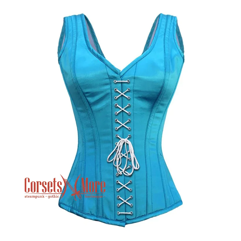 Corset for graceful fit-Baby Blue Satin With Front White Lace Gothic Overbust Burlesque Corset Waist Training Top