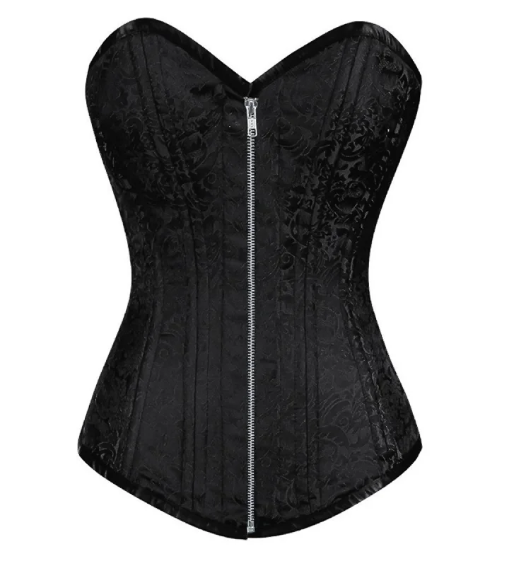 Corset in soft magenta-Black Brocade Spiral Steel Boned LONGLINE Overbust Plus Size Corset Goth Burlesque Costume Silver Zipper Waist Training Top