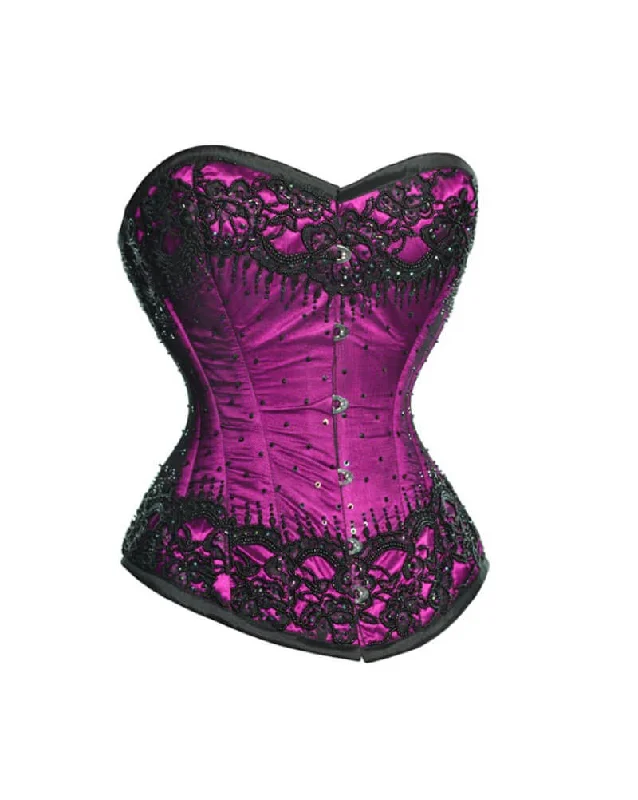 Corset for polished grace-Purple Satin Black Sequins Burlesque Corset Waist Training Overbust