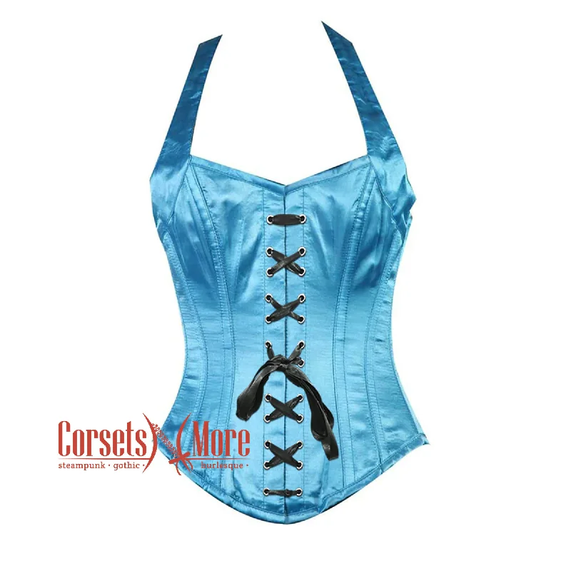 Corset in light violet-Baby Blue Satin With Shoulder Strap Front Lace Burlesque Overbust Corset Bustier Top