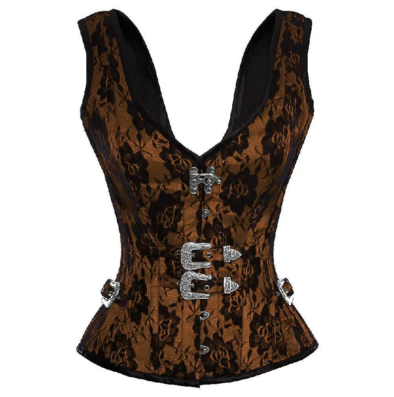 Corset with mesh straps-Brown Satin Corset Net Covered Shoulder Strap Gothic Burlesque Overbust Costume