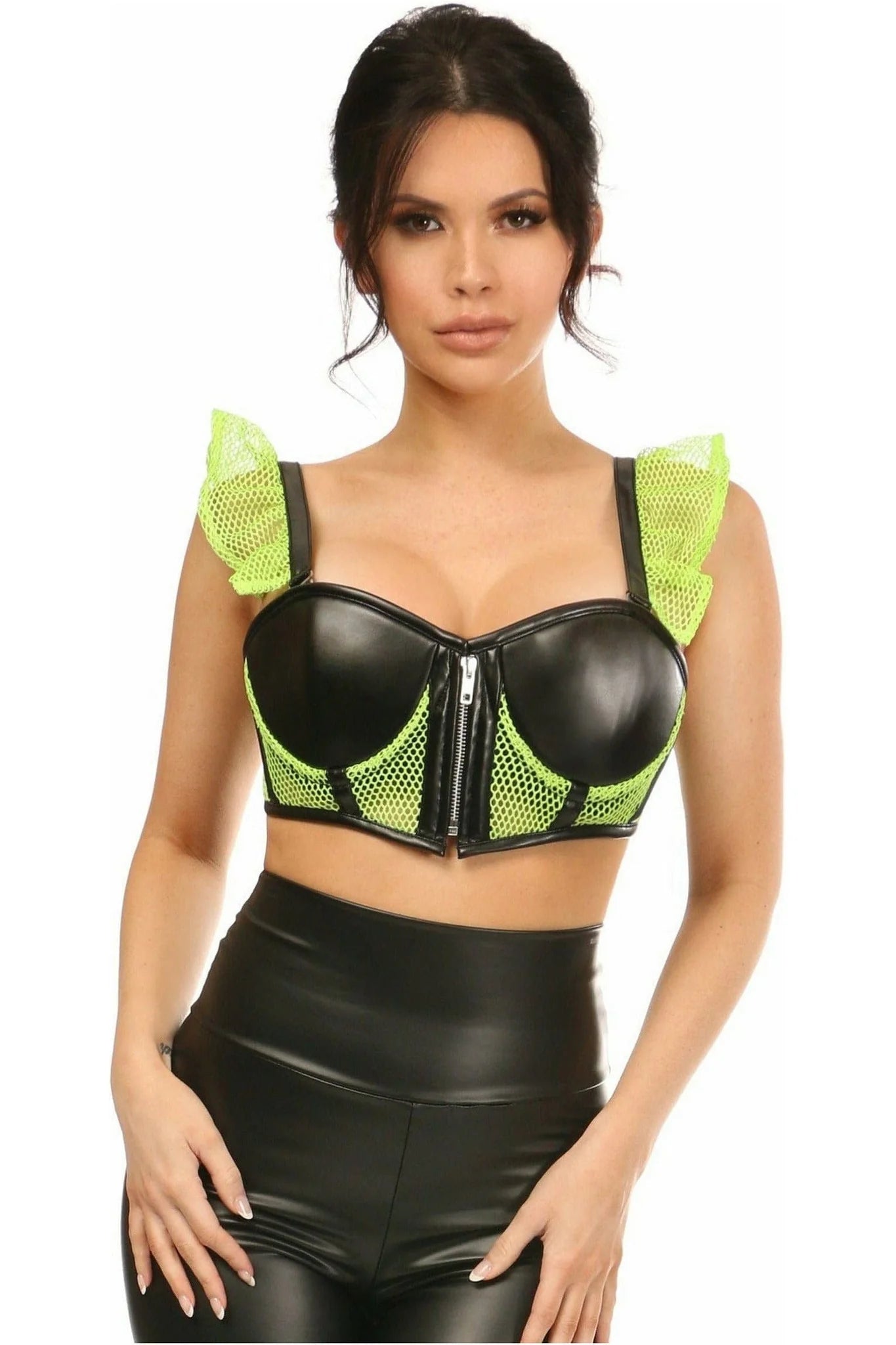 Silent air pulse dildos-Faux Leather & Fishnet Cropped Bustier Top