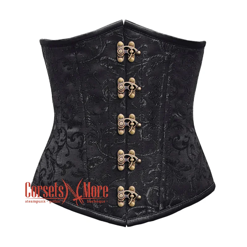 Corset top with floral trim-Black Brocade Front Antique Clasps Double Boned Underbust Gothic Corset