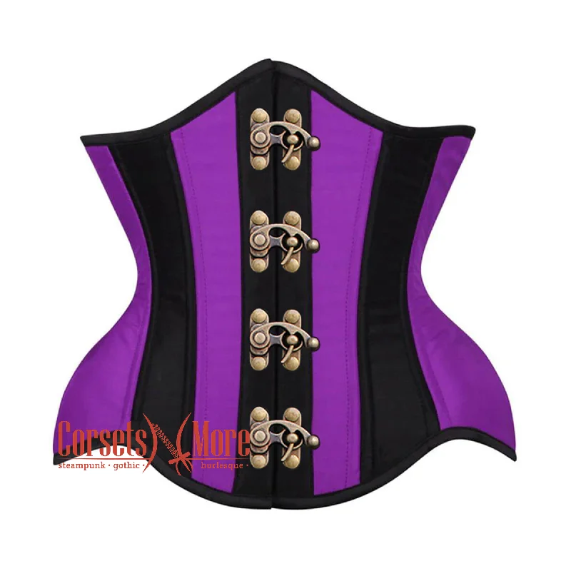 Corset in deep coral-Plus Size  Purple And Black Satin Front Antique Clasps Burlesque Waist Training Underbust Corset