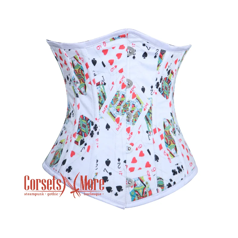 Corset for striking fit-Playing Cards Printed White Satin Corset Gothic Costume Underbust Top