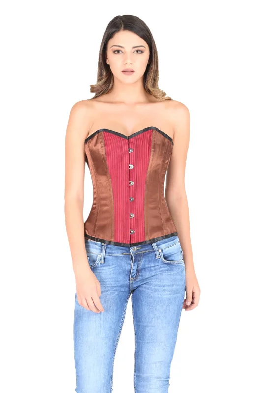 Corset with metallic piping-Brown Satin Red Lining Cotton Goth Burlesque Waist Cincher Overbust Corset Top