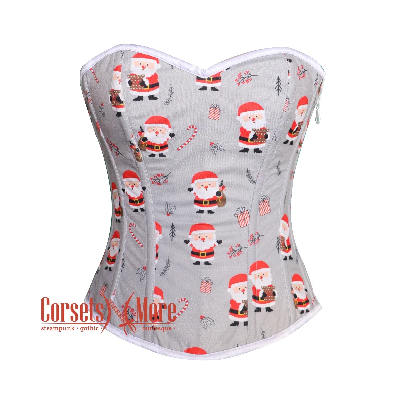 Corset top with ruched overlay-Santa Claus Printed Gray Cotton Overbust Corset Burlesque Christmas Costume