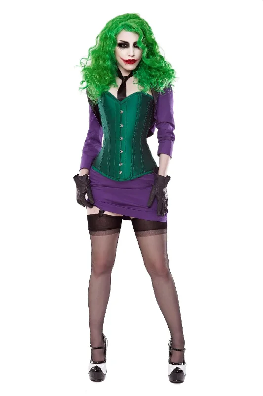 Corset for bold contours-Green Silk Corset With Purple Bolero & Skirt Outfit