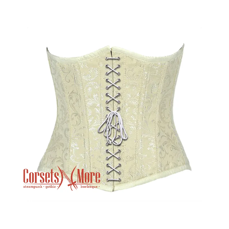 Corset for refined charm-Ivory Brocade Front Lace Gothic Burlesque Waist Training Underbust Corset Bustier Top