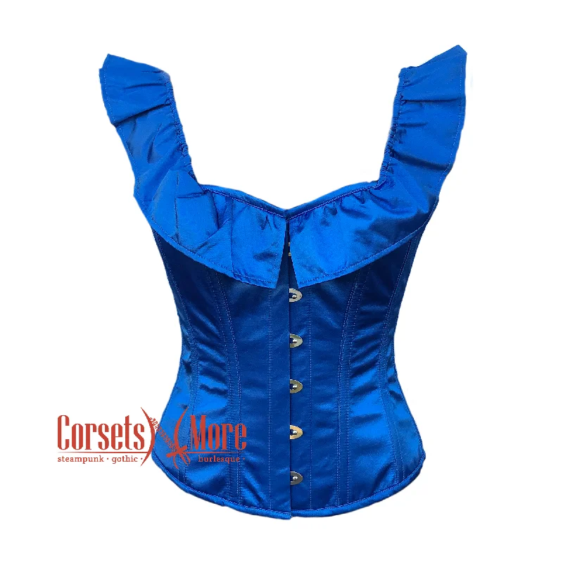 Corset with velvet straps-Blue Satin Heart Neckline Frill Gothic Corset Burlesque Overbust Top