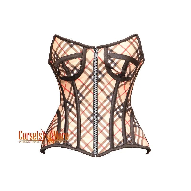 Corset top with ruched overlay-Checked Print Overbust Zipper Gothic Woman Waist Training Corset Bustier Top