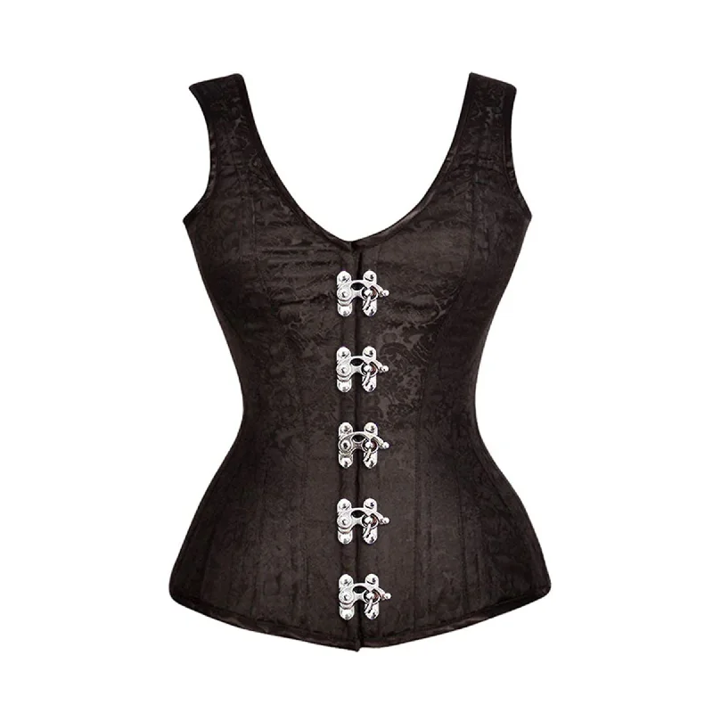 Corset top with velvet straps-Brown Brocade Shoulder Strap Gothic With Front Silver Clasps Overbust Corset