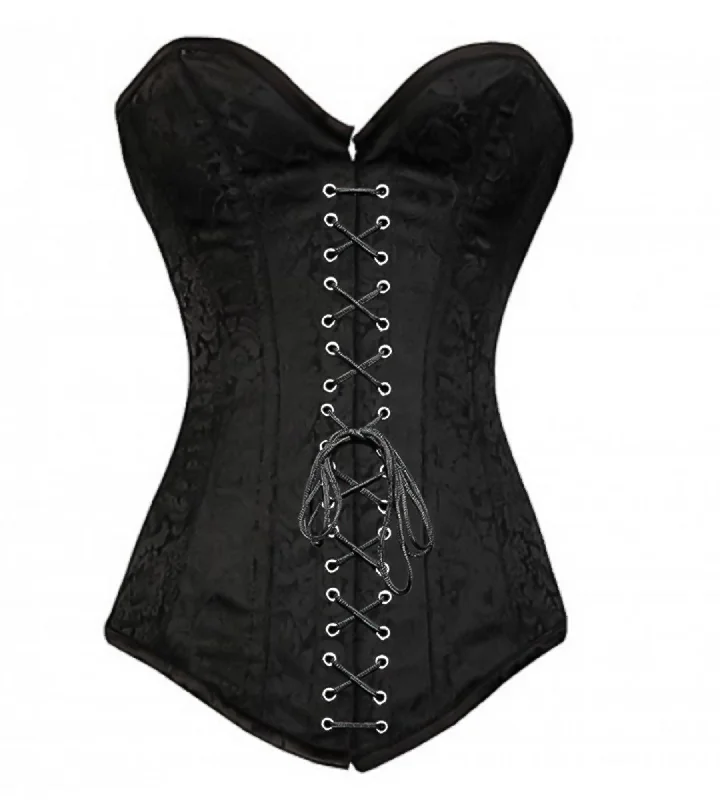 Corset in pale bronze-Plus Size Black Brocade Gothic Overbust Corset Burlesque Costume Waist Training Bustier Front Black Lace LONGLINE Top