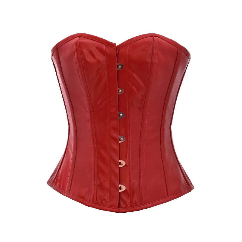 Corset top with ruched overlay-Red PVC Faux Leather Gothic Steampunk Bustier Waist Training Overbust Corset Costume