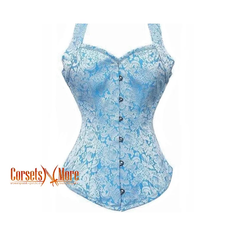 Corset dress with lace trim-Plus Size Turquoise Brocade Burlesque Overbust  Gothic Corset