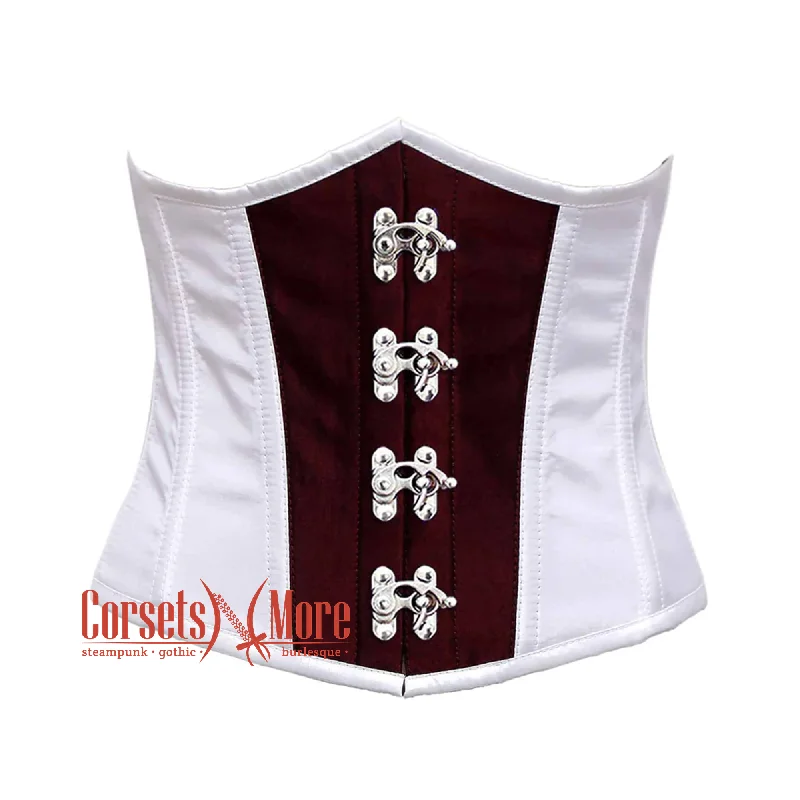 Corset with sheer overlay-White And Burgundy With Front Silver Clasps Underbust Corset Gothic Costume Bustier Top