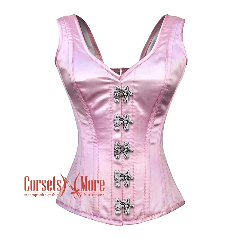 Corset with lace overlay-Baby Pink Satin With Front Silver Clasps Gothic Overbust Burlesque Corset Waist Training Top