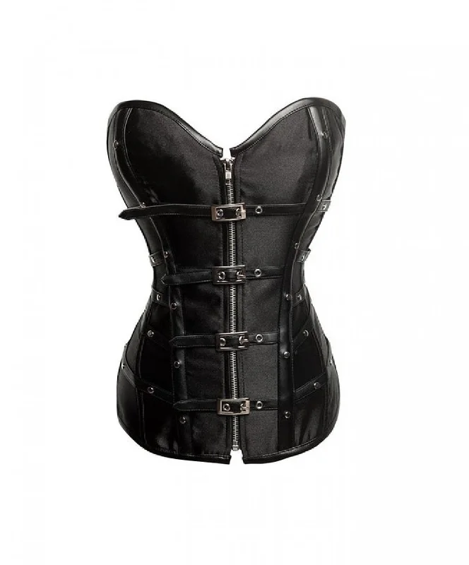 Corset with crystal trim-Black Satin Leather Belts Zipper LONGLINE Overbust Corset Top