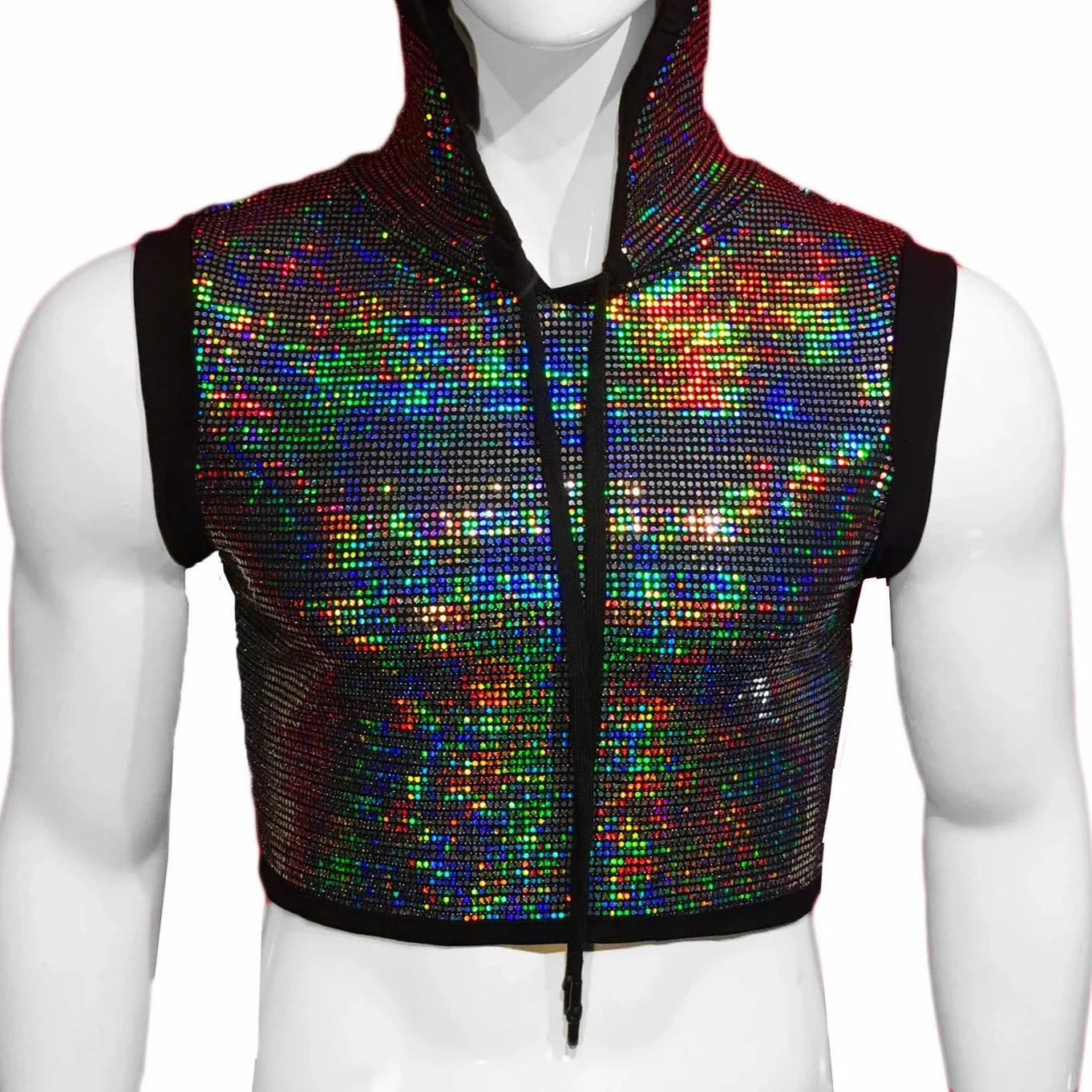 Premium clit beads-Flat Sequins Hooded Crop Top - BLACK HOLOGRAPHIC