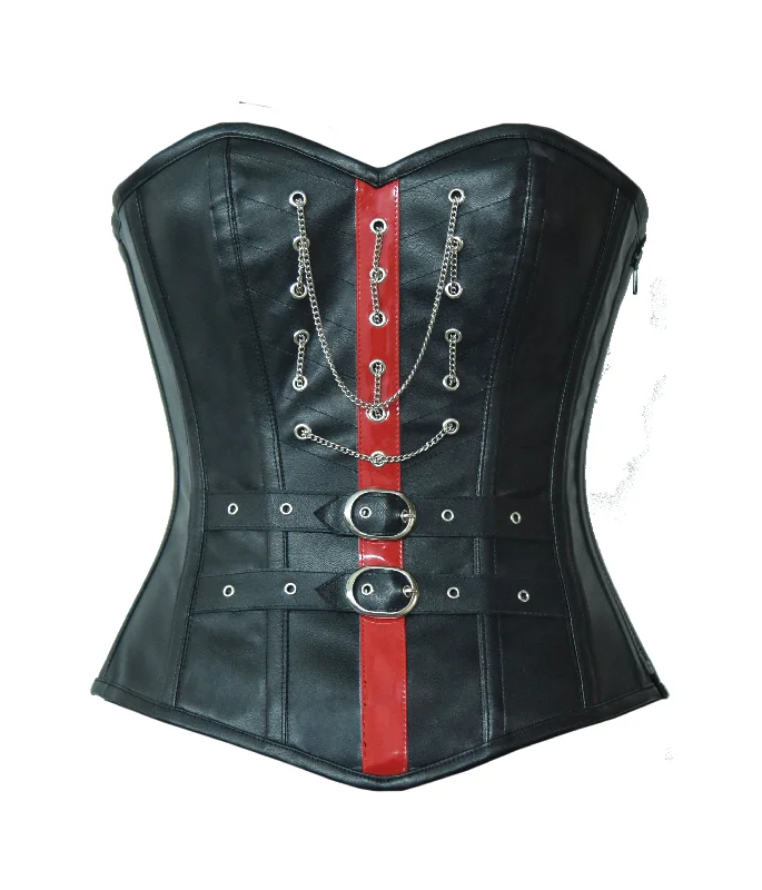 Corset top with velvet edging-Black Faux Leather Red PVC Overbust Plus SIze Corset Waist Training Gothic Steampunk Costume