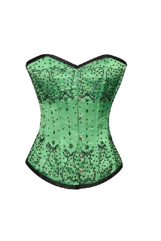 Corset top with bow front-Green Satin Black Sequins Gothic Burlesque Corset Waist Training Overbust