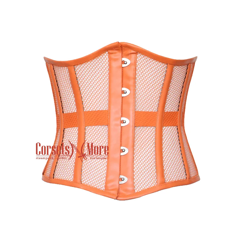 Corset dress with bow overlay-Sienna Emberstone Orange Mesh With Orange Leather Plus Size Corset Top