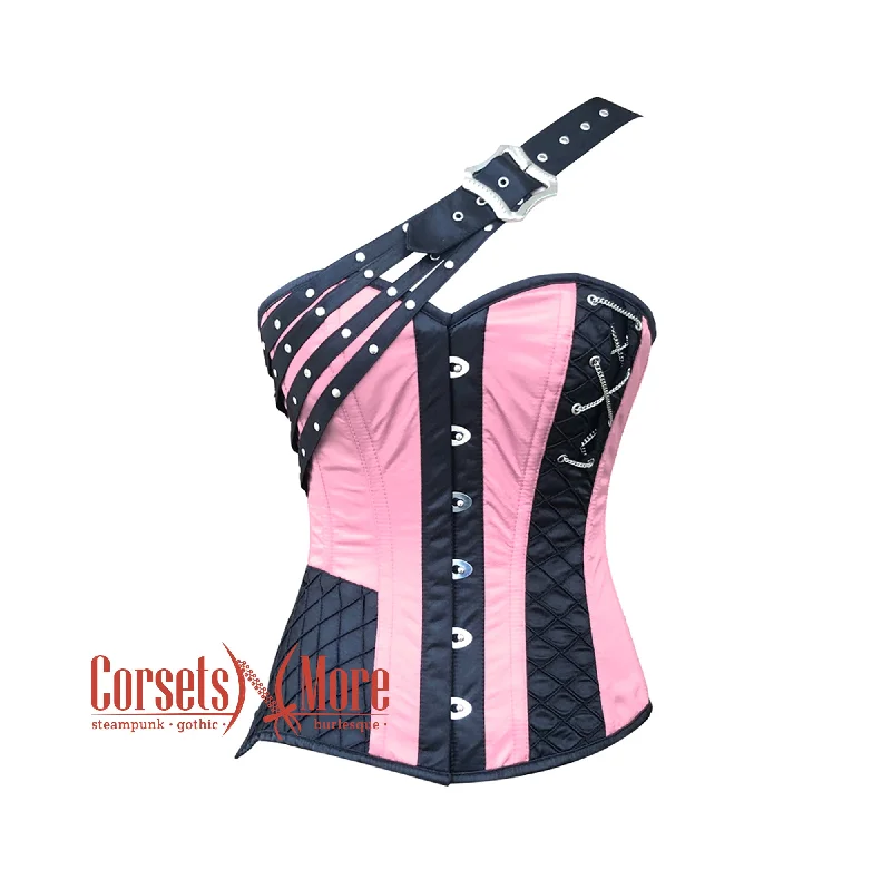 Corset for modern lines-Pink And Black Satin Gothic Steampunk Costume Overbust Bustier Top