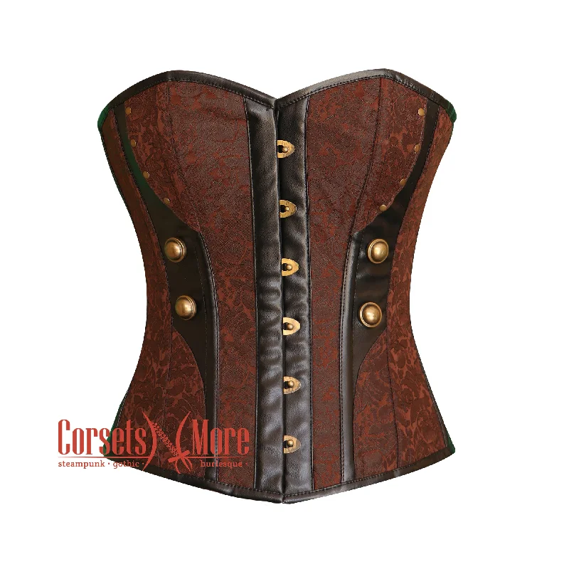 Corset top with sheer straps-Brown Brocade Black Leather Steampunk Costume Overbust Bustier Top