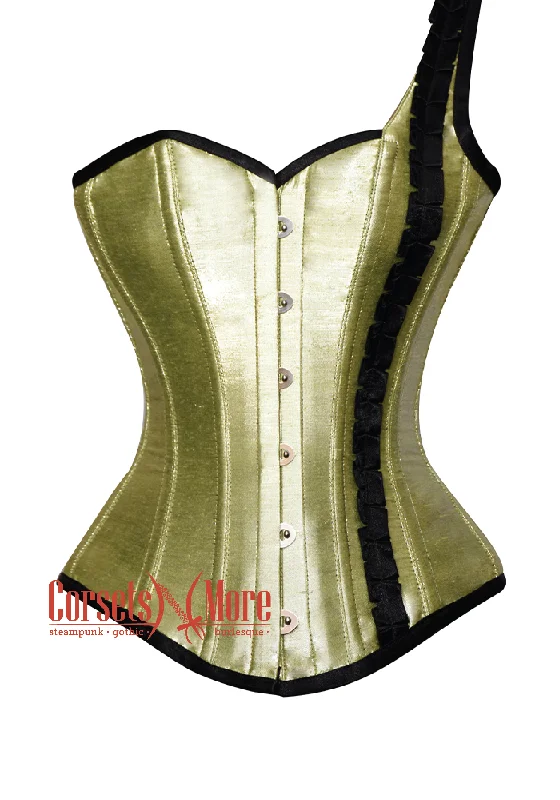 Corset with velvet trim-Olive Green Silk One Shoulder Strap Gothic Burlesque Bustier Waist Training Overbust Corset Costume