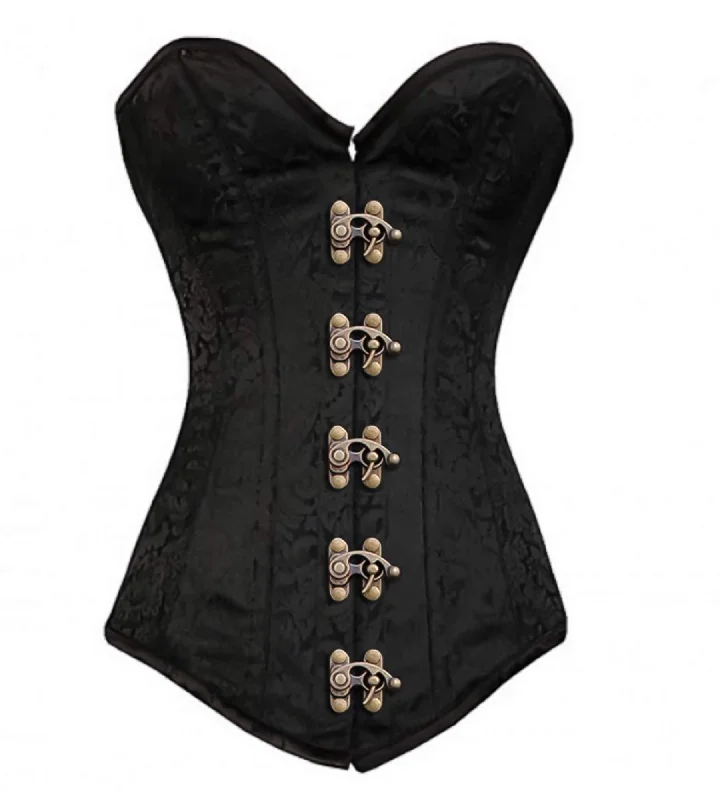 Corset for chic flair-Black Brocade Gothic Burlesque Costume Waist Training LONGLINE Overbust Corset Top