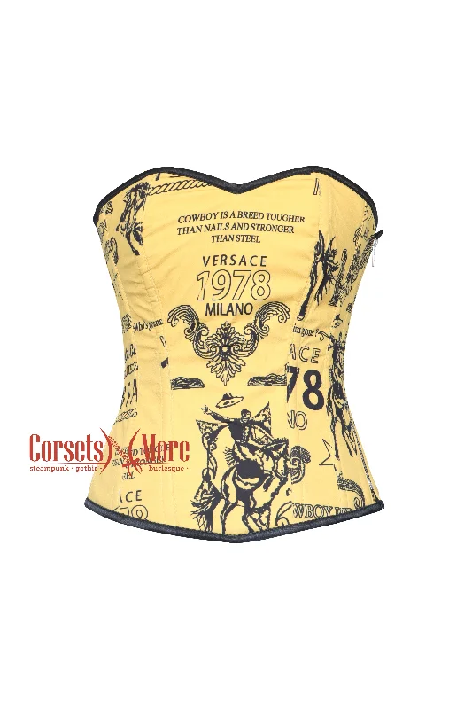 Corset in pale silver-Solara Goldenfield Yellow Printed Zipper Corset Costume Overbust Bustier Top