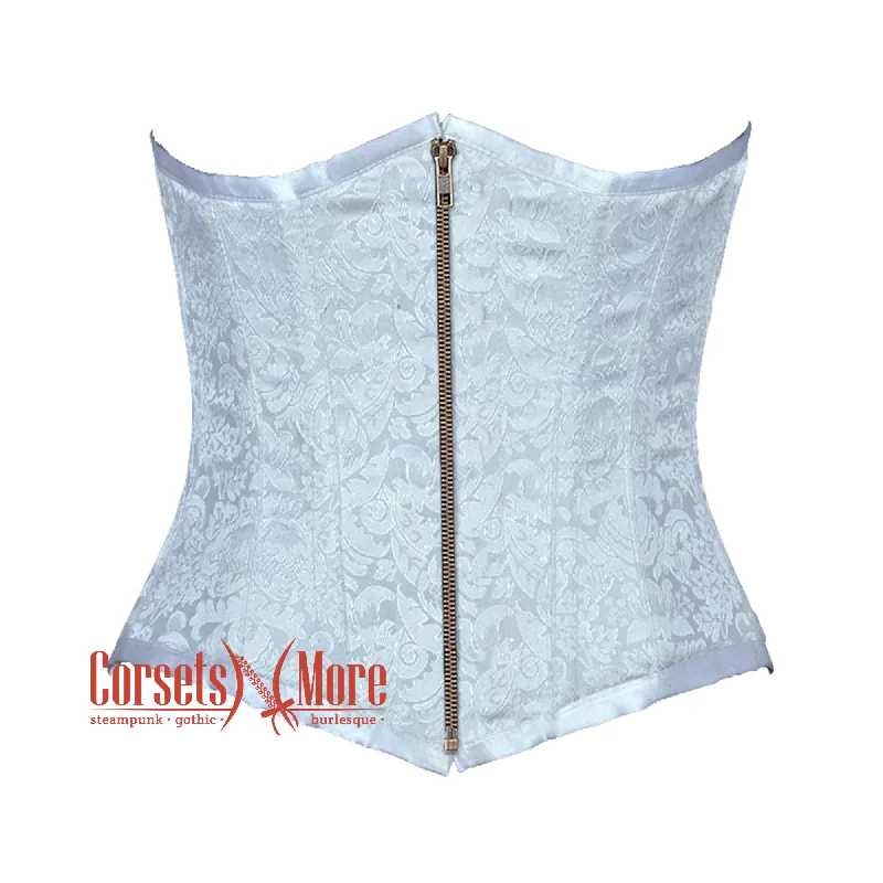 Corset with floral edging-Baby Blue Brocade Antique Zipper Burlesque Waist Training Underbust Gothic Corset Bustier Top