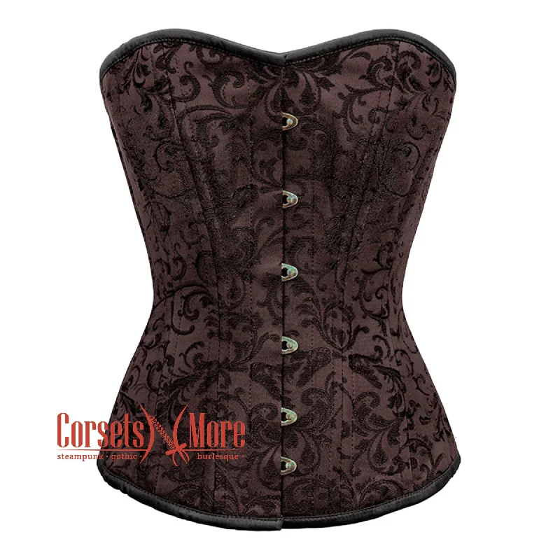 Corset dress in rich plum-Brown Brocade Steel Boned Front Busk Overbust Corset