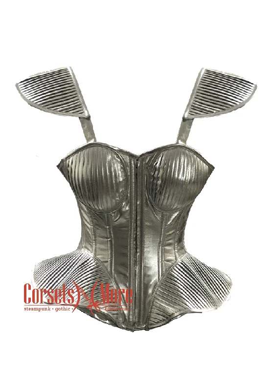 Corset in light magenta-Silver Leather Overbust Corset with Shoulder Pads Bustier Costume