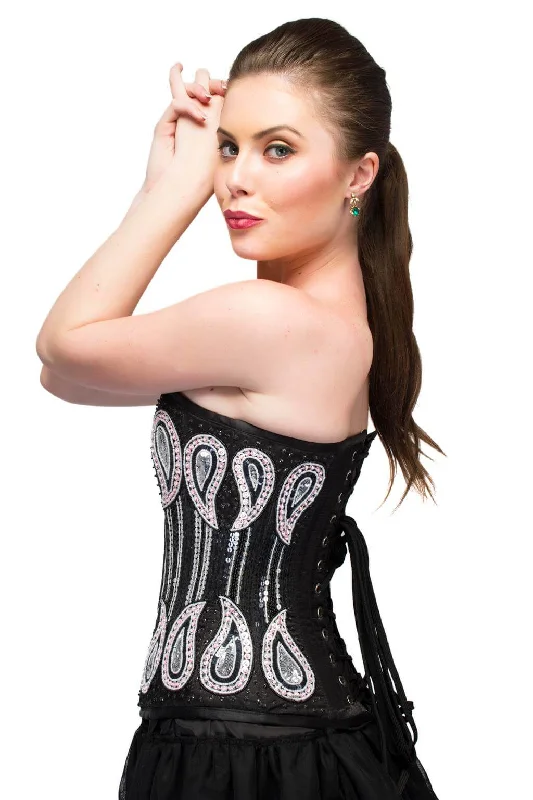 Corset with hidden boning-Black Satin Silver Sequins Women Corset Overbust Top