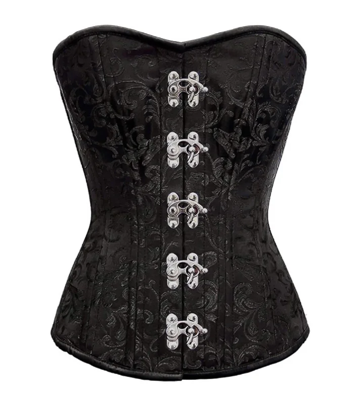 Corset with lace appliques-Black Brocade Spiral Steel Boned Corset Waist Training Silver Clasps Overbust  Top